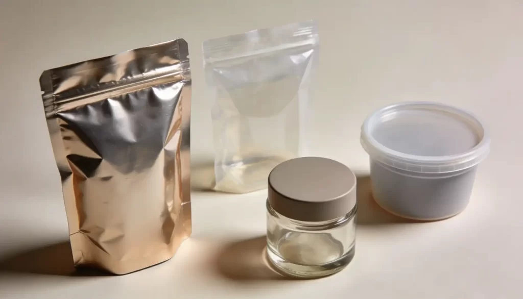 Mylar pouch, plastic bag, glass jar and rigid container displayed together 