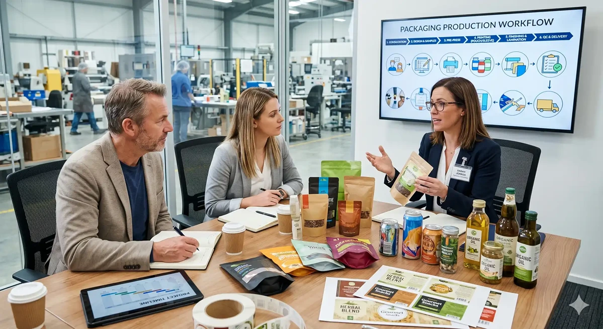 Dedicated packaging consultant collaborating with a contract manufacturing client to review custom labels, packaging specifications, project requirements, and production timelines.