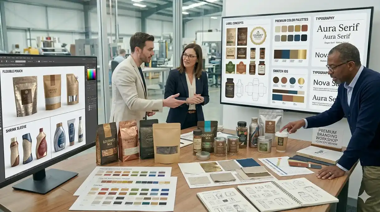 In-house packaging design team creating custom labels, product packaging concepts, and brand-focused packaging solutions
