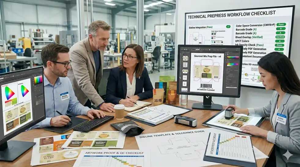 Prepress experts reviewing packaging artwork files, label designs, color proofs, and print-ready packaging layouts.