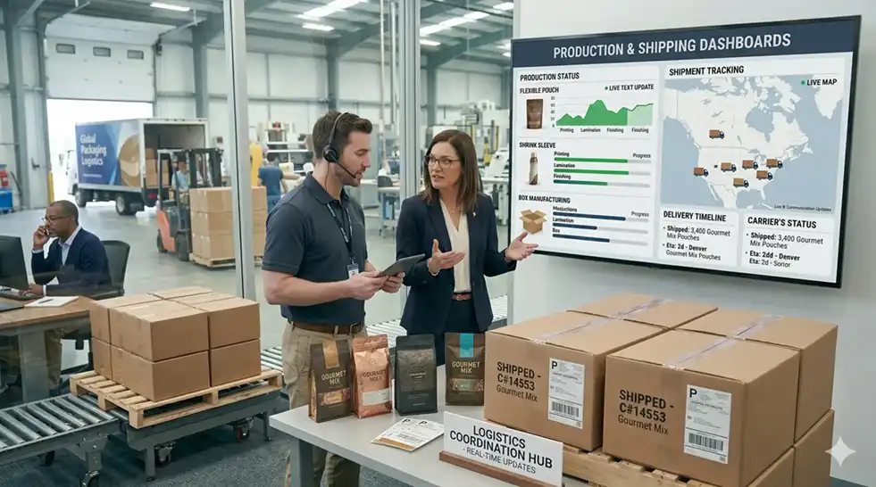 Packaging logistics specialists tracking production and shipping schedules to ensure timely communication and on-time delivery.