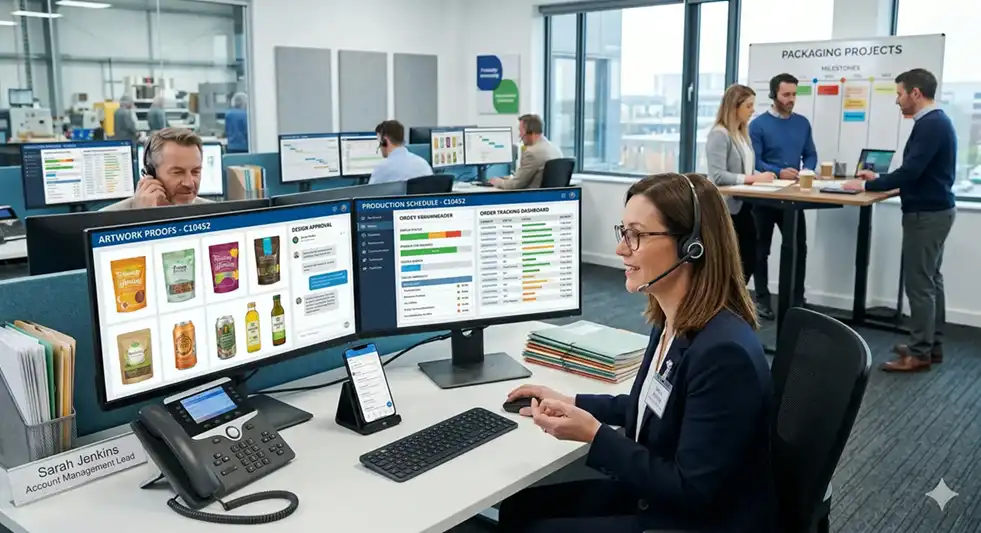Packaging support team providing responsive customer service, project assistance, artwork guidance, and order updates for custom packaging solutions.