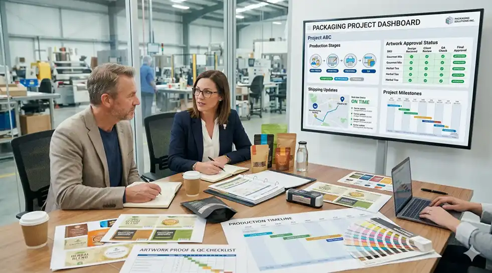 Packaging workflow tracking system showing project milestones, design approvals, production progress, and shipping status updates.